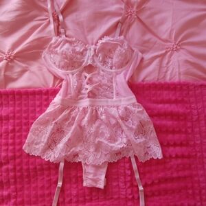 Elegant Pink Lace Lingerie Bodysuit • Sheer Floral Lace Teddy • Sexy One-Piece